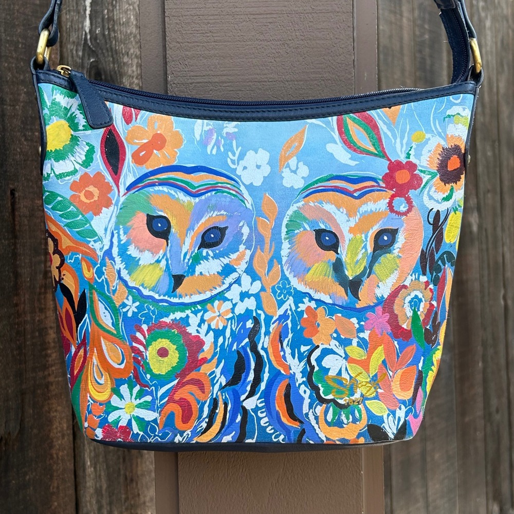 Artistic Expressions by Sharif Hand Painted Leather Owl Crossbody Bag Boho - Picture 1 of 16